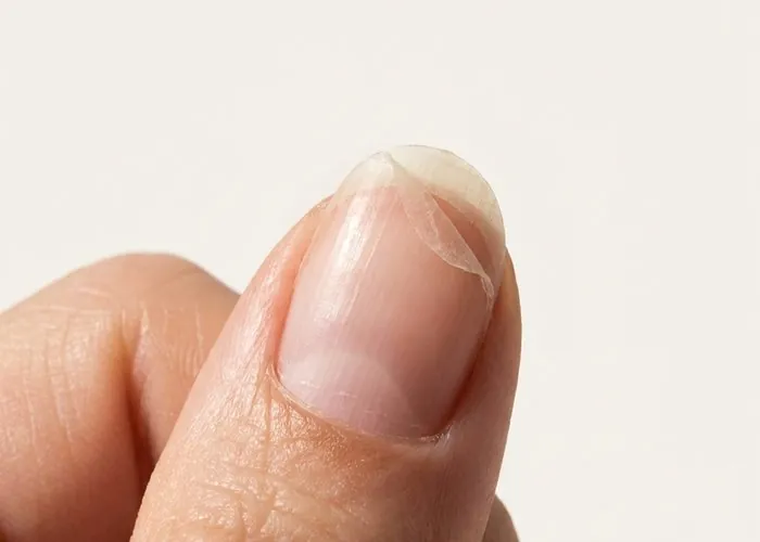 Macro of a peeling nail layer separating gently at the tip against a neutral background