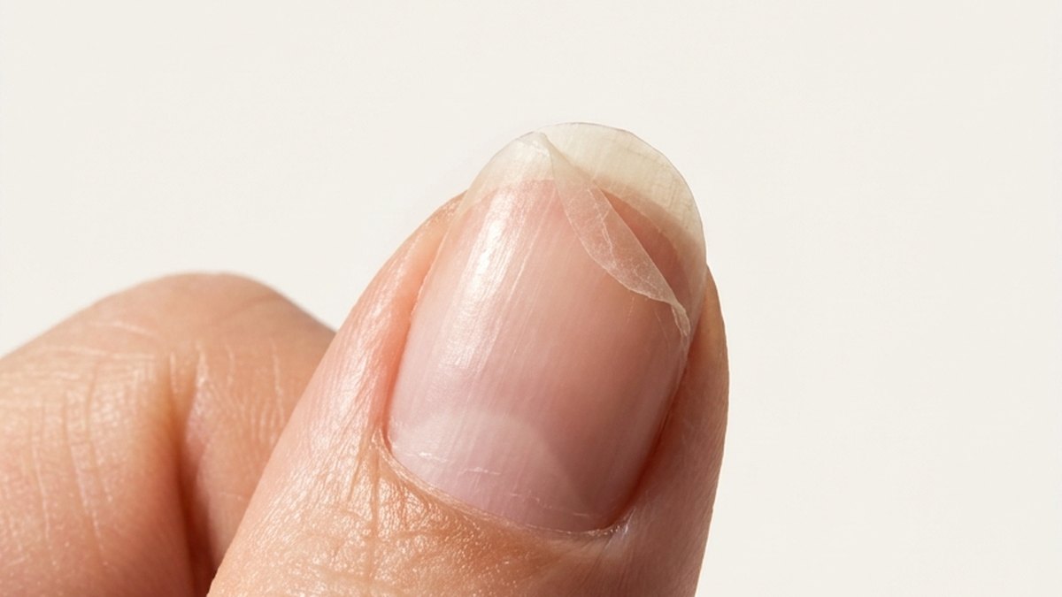 Macro of a peeling nail layer separating gently at the tip against a neutral background
