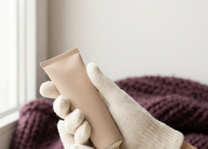 Hands with visibly dry skin near the nails being treated with rich hand cream in a winter setting
