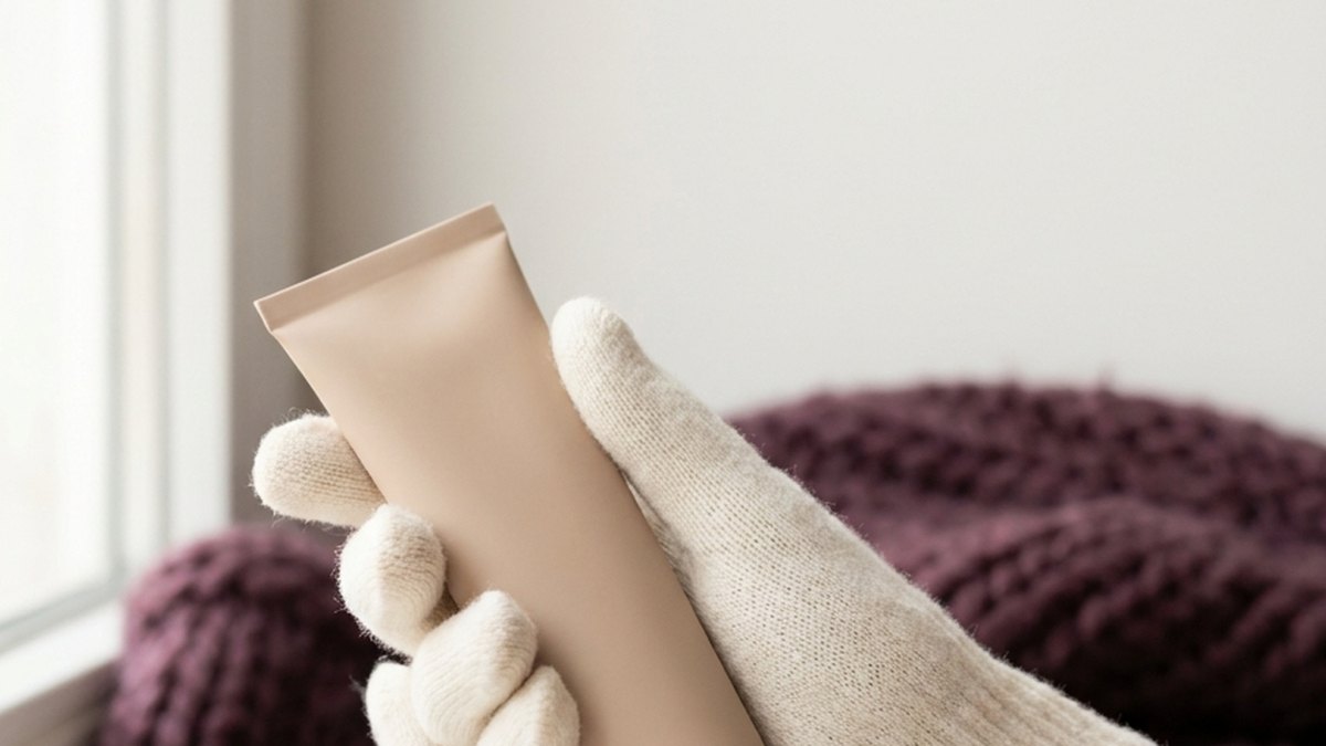 Hands with visibly dry skin near the nails being treated with rich hand cream in a winter setting