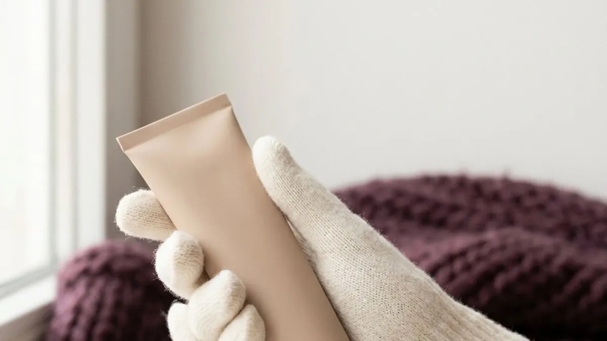 Hands with visibly dry skin near the nails being treated with rich hand cream in a winter setting